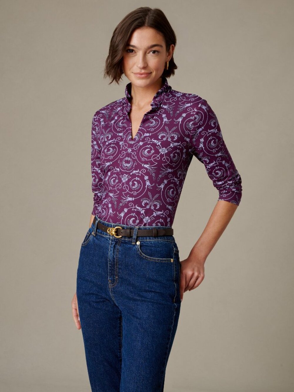 J McLaughlin Kate Ruffle Top in Noble Crest - Plum/Lilac NEW